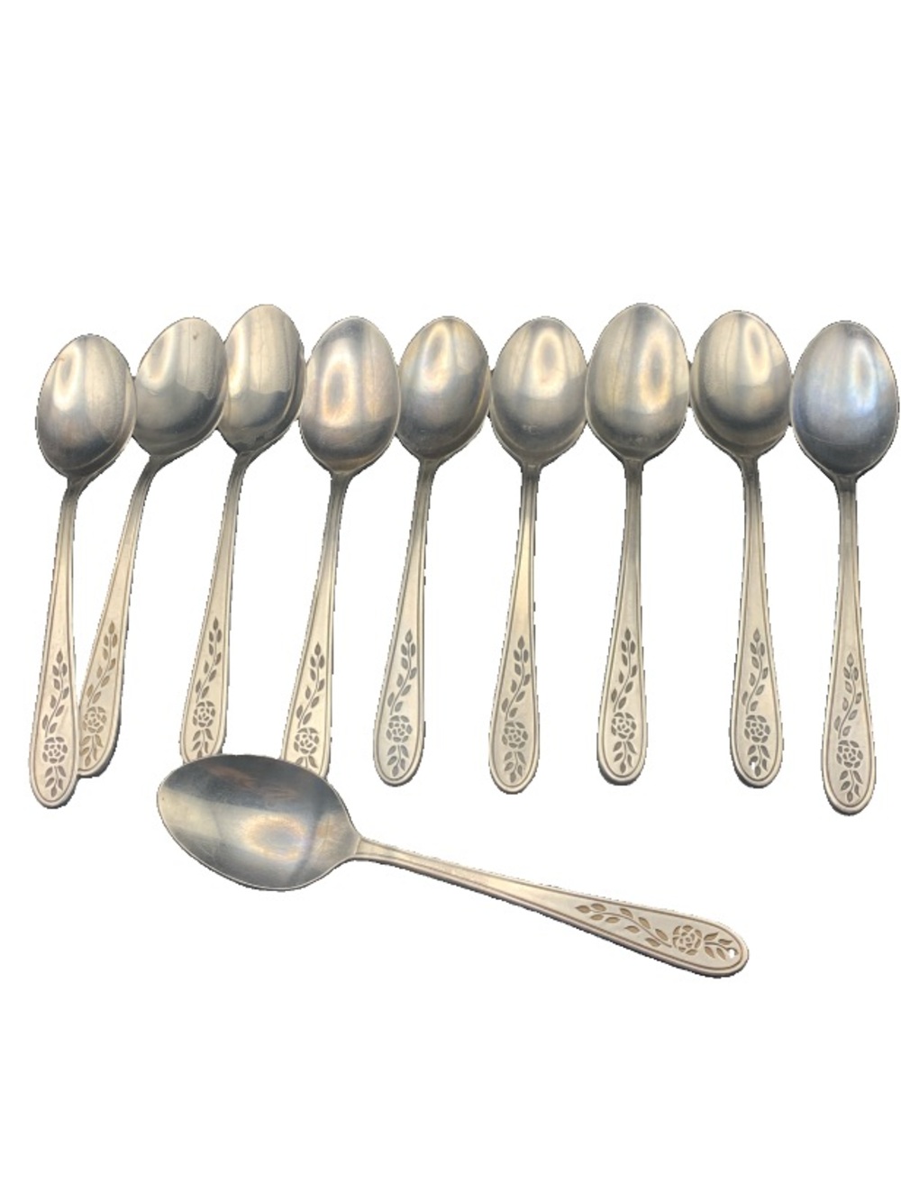 Vintage Rogers Stainless Floral Mist Etched Rose Pattern Lot of 10 Soup Spoons